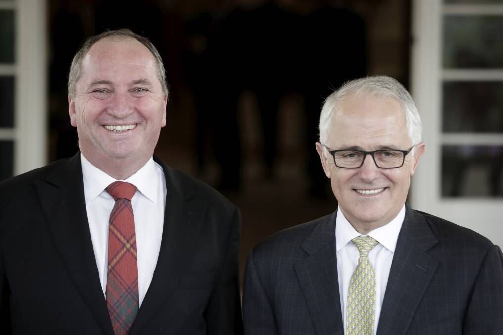 All smiles: Deputy Prime Minister Barnaby Joyce and Prime Minister Malcolm Turnbull. Photo: Alex Ellinghausen
