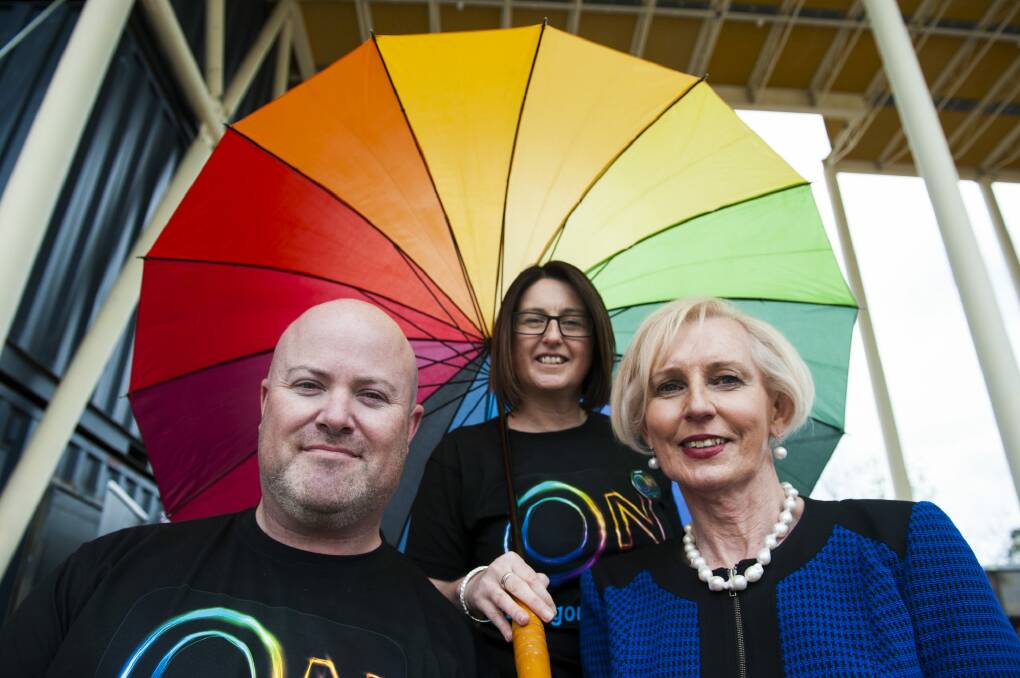 Canberra SpringOUT Pride Festival chair Mat Knobel, sponsorship manager Leanne Staggard and patron Cate McGregor at Westside Acton Park, which will host festival events. Photo: Elesa Kurtz