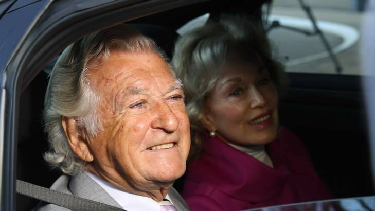Former Australian Prime Minister Bob Hawke and his wife Blanche d'Alpuget arrive at the Australian Labor Party's campaign launch  in Brisbane. Photo: Tertius Pickard