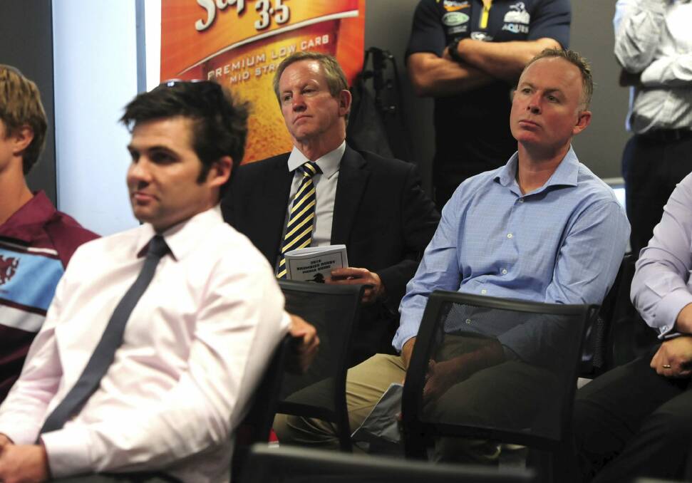 Brumbies board members Angus McKerchar, left, president Bob Brown, middle, and Matthew Nobbs, right, at the local rugby launch. Photo: Graham Tidy