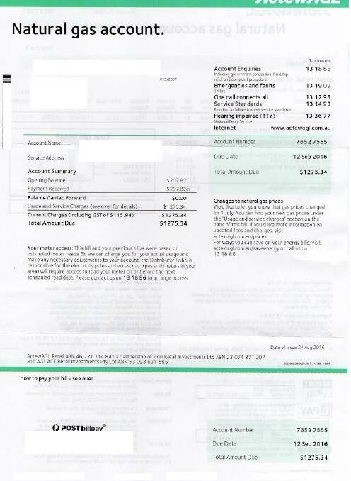 Melissa Langerman's gas bill was based on an estimated read, despite a technician reading her meter. Photo: Supplied
