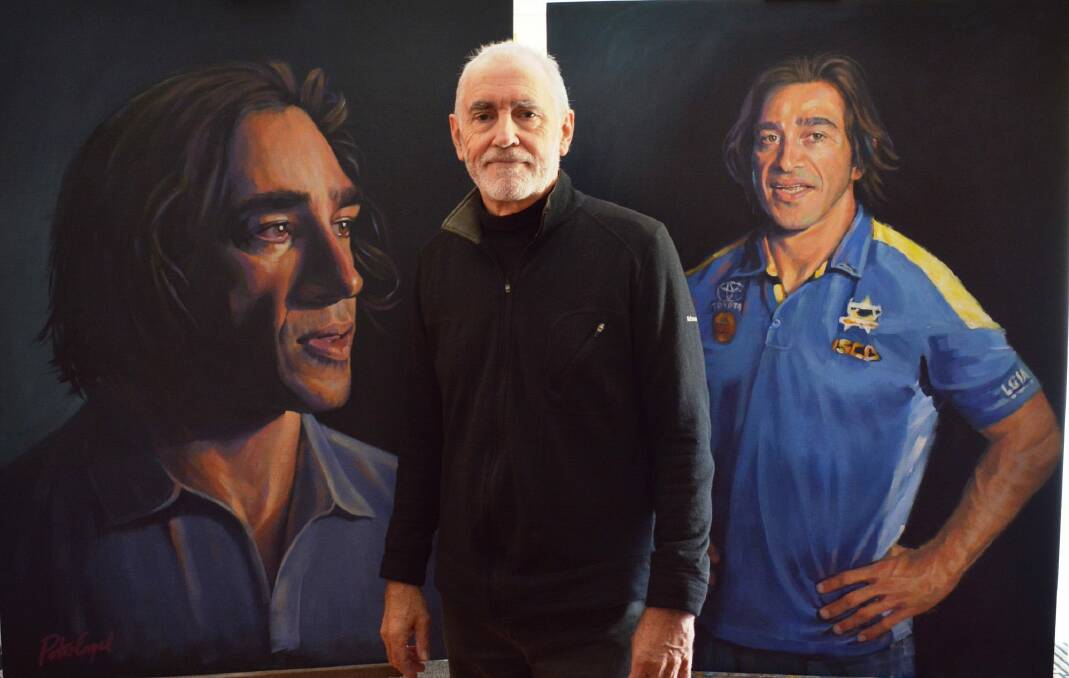 Canberra artist Peter Engel with his two portraits of Johnathan Thurston. Photo: Supplied
