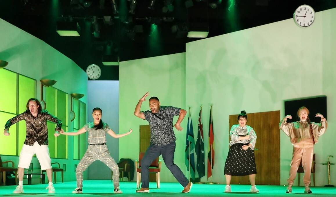 From left: Gareth Davies, Michelle Lim Davidson, Anthony Taufa, Nakkiah Lui and Vanessa Downing in <i>How to Rule the World</i>. Photo: Prudence Upton Photo: Prudence Upton