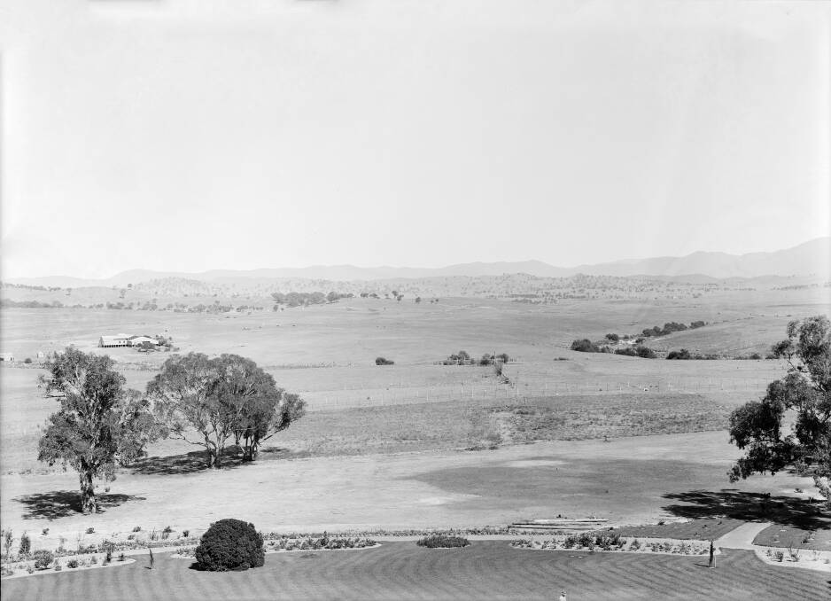 The Yarralumla Woolshed, in the distance at left, as viewed from Government House in 1927.  Photo: ACT Heritage