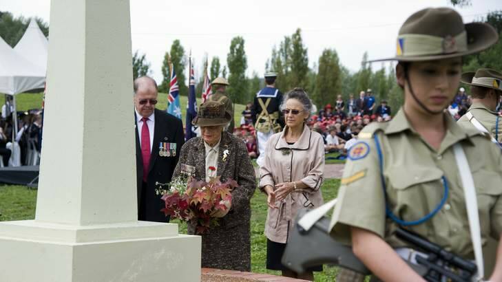 RSL ANZAC Day Service at Eddison Park Woden. Laying of wreath by vice president of the Woden Valley RSL Andre Bobets, Pam Yonge and her daughter Sue. Photo: Elesa Kurtz