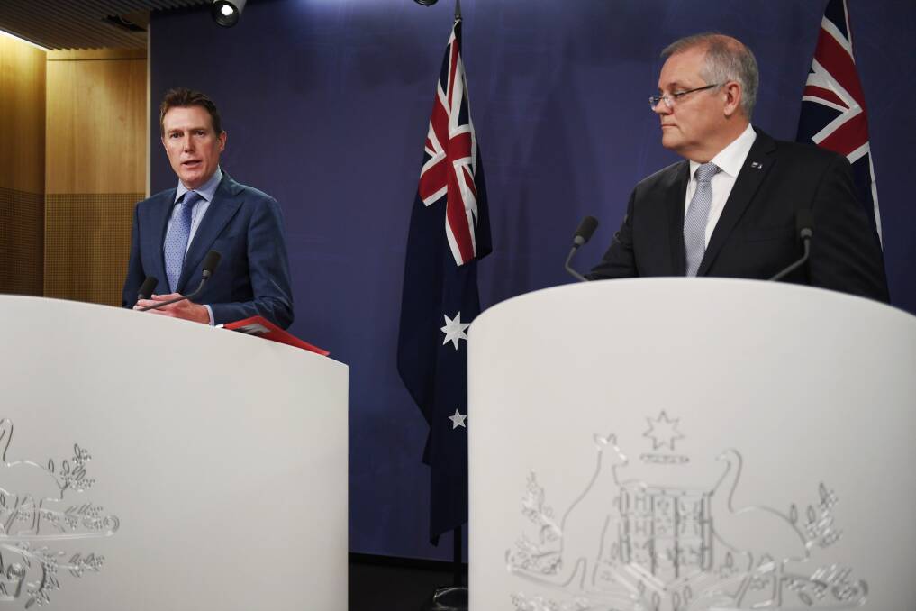 Prime Minister Scott Morrison and Attorney General Christian Porter announce a federal anti corruption body. Photo: Nick Moir