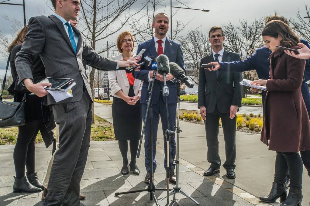 Chief Minister Andrew Barr addressing journalists at an announcement about the arrival of the UNSW in Canberra last year. Photo: karleen minney