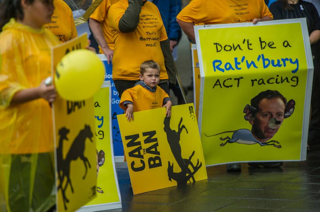 The protest against Canberra's greyhound racing ban drew people from NSW and Victoria.  Photo: Karleen Minney