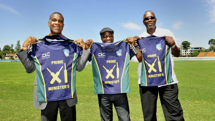 West Indies legends Michael Holding, Viv Richards and Joel Garner at Manuka Oval on Thursday. Photo: Melissa Adams