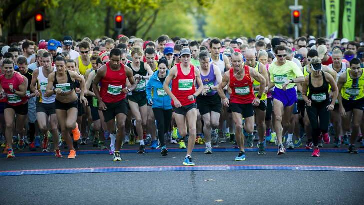 And they're off: The 10km Canberra fun run in the Australian Running Festival starts. Photo: Rohan Thomson