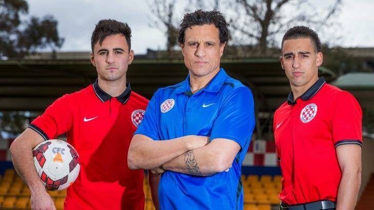 Ready for battle: Canberra FC's James Field, coach Andy Bernal and Josip Jadric are ready for Wednesday's clash with Sydney FC. Photo: Matt Bedford