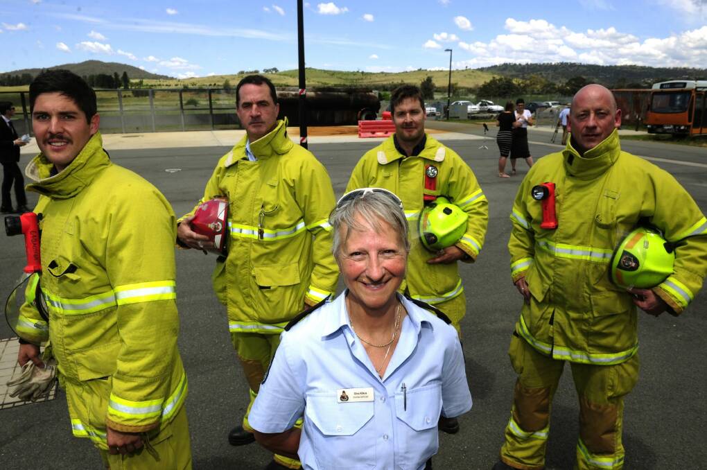 Station officer Gina Kikos at the ESA training centre in Hume with, from left, Matt Grouber, Stuart Gallop, Nick Louis and Seb Boehm. Photo: Melissa Adams