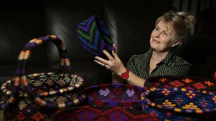 Artist Jenny Manning with some of her patterned containers and baskets that will form part of her exhibition Bowls, Baskets, Blankets and Boats at the Belconnen Arts Centre. Photo: Jeffrey Chan