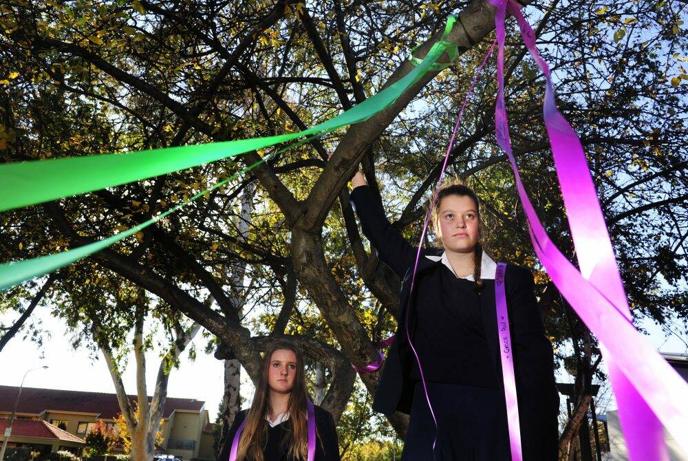 Merici College year 11 students Emily Hargreaves,15, of Hackett, and Natalie Taylor,16, of Jerrabomberra, surrounded by ribbons the school's pupils have placed in trees to show the abducted Nigerian schoolgirls are in their thoughts. Photo: Melissa Adams