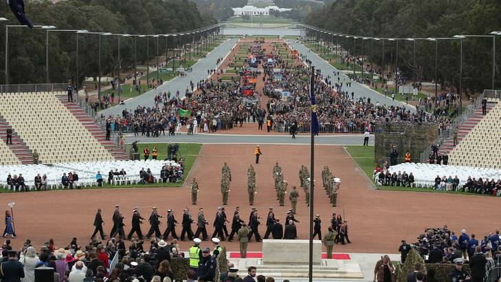 The Anzac Day ceremony outside the Australian War Memorial. Photo: Alex Ellinghausen