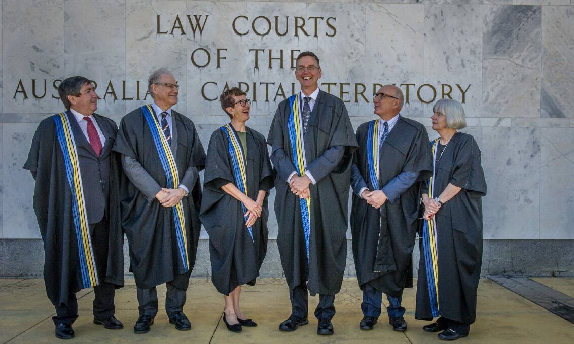 Justice John Burns, Justice Richard Refshauge, Chief Justice Helen Murrell, Justice David Mossop, Justice Michael Elkaim, Justice Hilary Penfold after a ceremonial sitting on Monday.  Photo: Karleen Minney