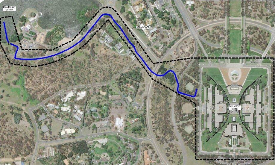 The planned route for a pipeline carrying water from Lake Burley Griffin to Parliament House.
