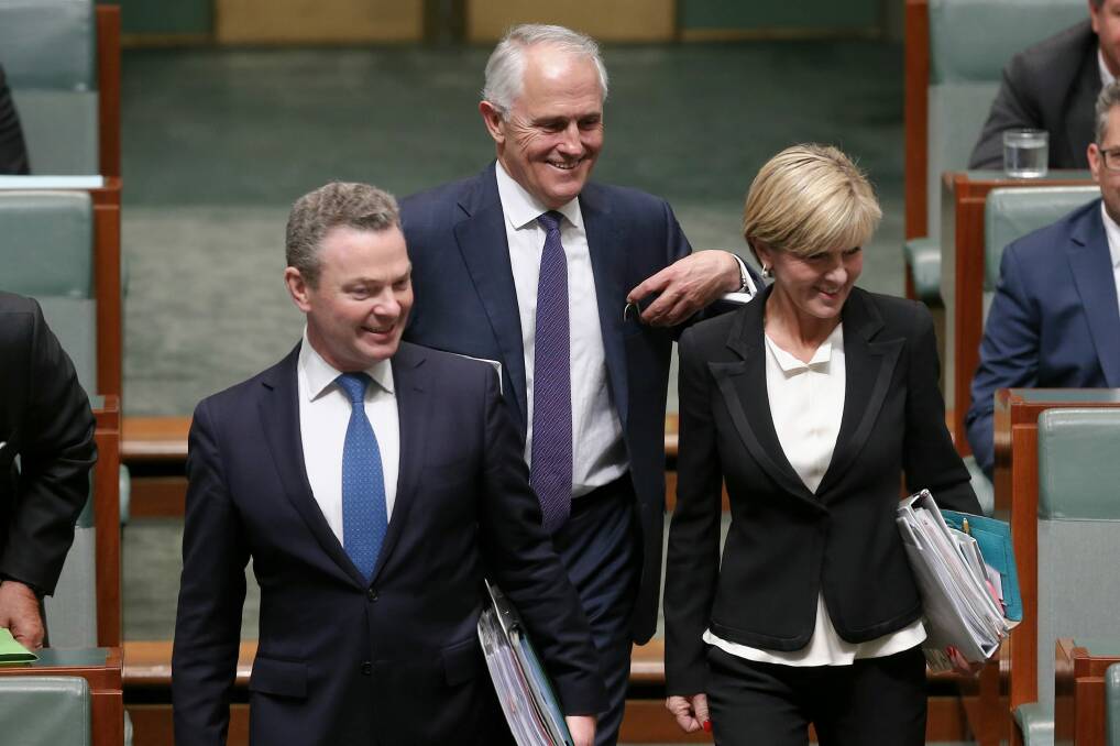 New Prime Minister Malcolm Turnbull arrives for question time with Christopher Pyne and Julie Bishop on Tuesday. Photo: Alex Ellinghausen