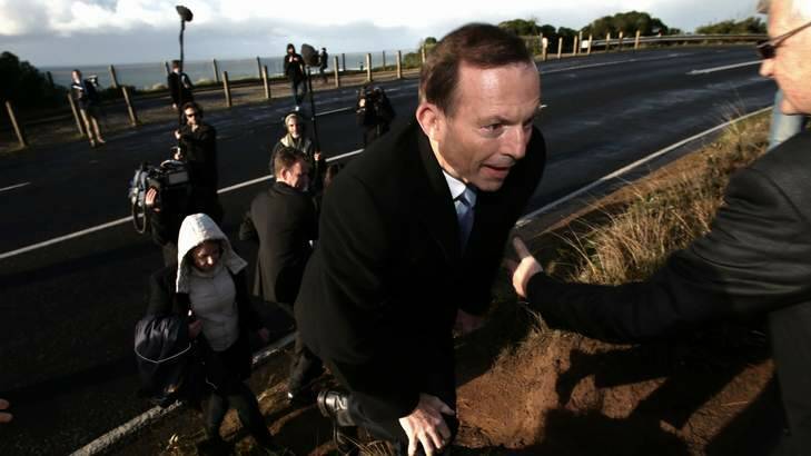 Tony Abbott pictured during the election campaign at the Great Ocean Road to announce funding for works. Photo: Alex Ellinghausen