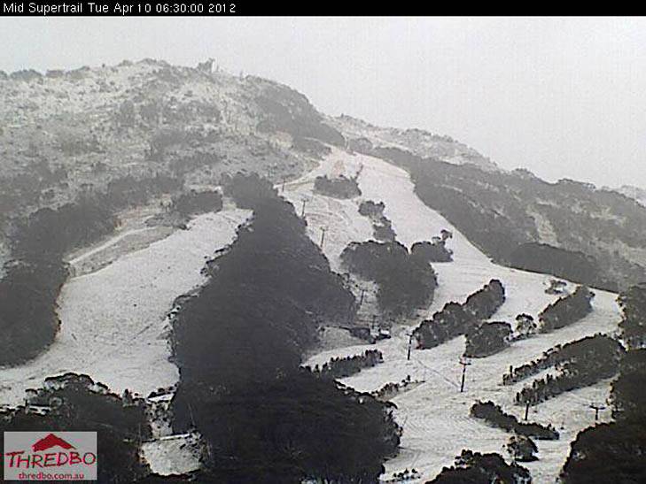 Thredbo's snow cam revealed a healthy dusting of snow on the mountains overnight. Photo: via Thredbo's Facebook page