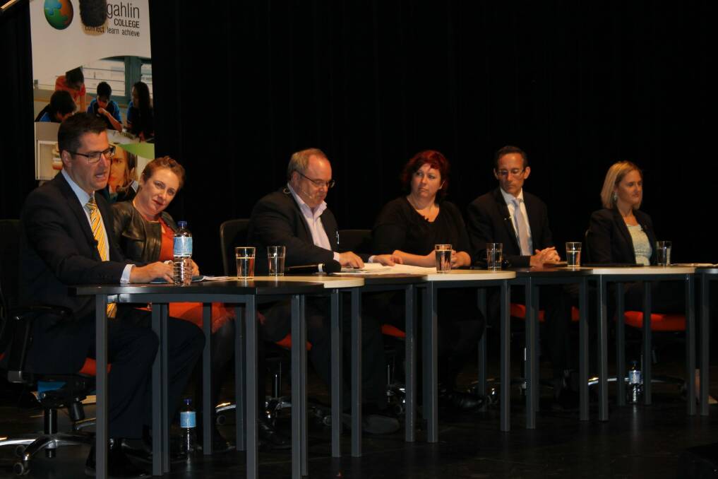 Senator Zed Seselja, ANU's Dr Jill Sheppard, forum moderator James Grubel, ACT Youth Coalition's Emma Robertson, Fraser MP Andrew Leigh and Greens Senate candidate Christina Hobbs. Photo: Supplied