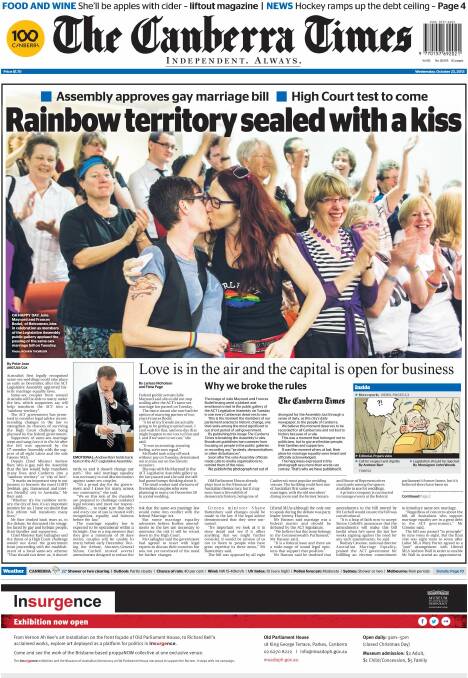 The front page of The Canberra Times on October 23, 2013, featuring a euphoric public gallery in the ACT Assembly as it passed laws allowing same-sex marriage.