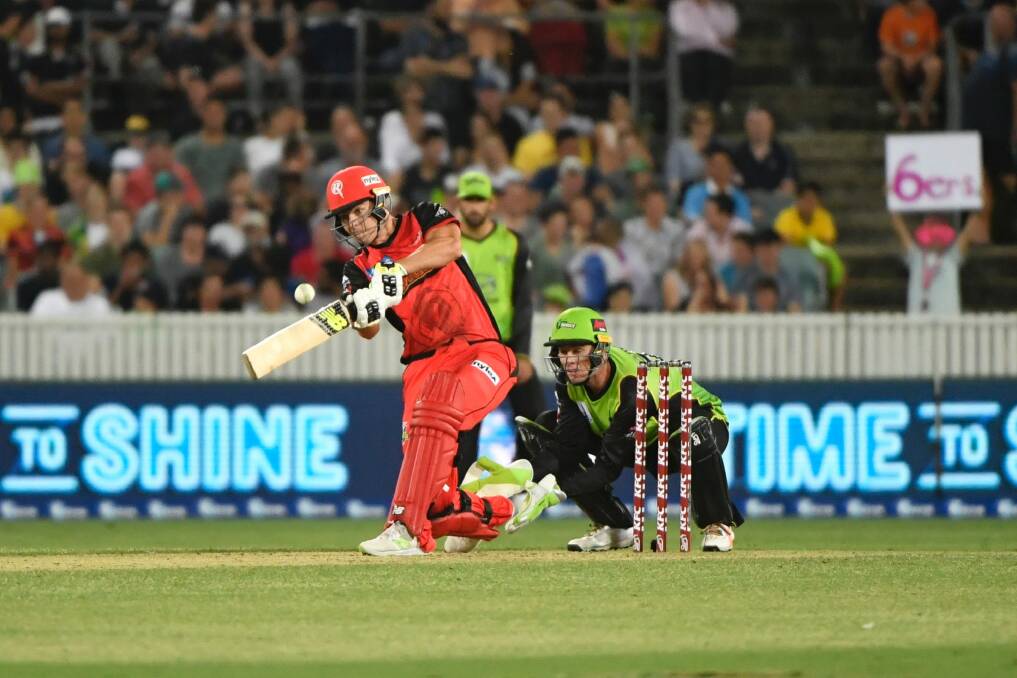 Jack Wildermuth of the Renegades bats during the Big Bash League clash. Photo: AAP