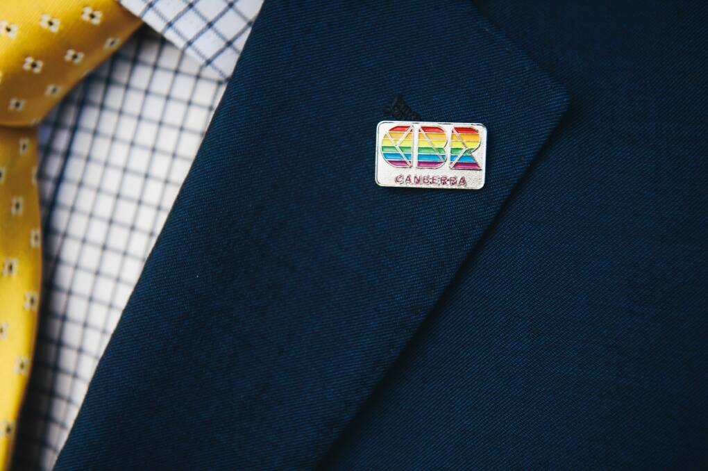 ACT Chief Minister Andrew Barr's rainbow CBR pin. Photo: Rohan Thomson