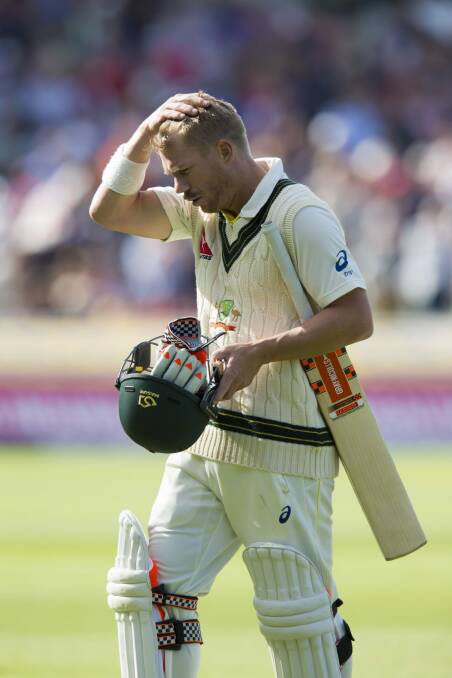Opener David Warner stroked the equal fastest fifty for an Australian in Ashes history, from 35 balls, before departing for 77, caught by Adam Lyth off the bowling of James Anderson. Photo: AP