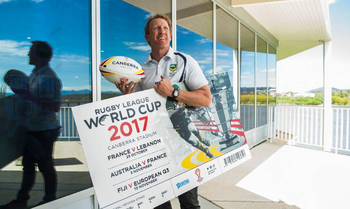 Former Raider Alan Tongue helped launch the one-year-to-go campaign to the rugby league World Cup, with games to be held in Canberra. Photo: Elesa Kurtz