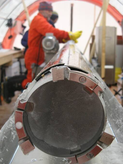 An ice core in a drill that researchers used to study the climate of Antarctica. Photo: supplied