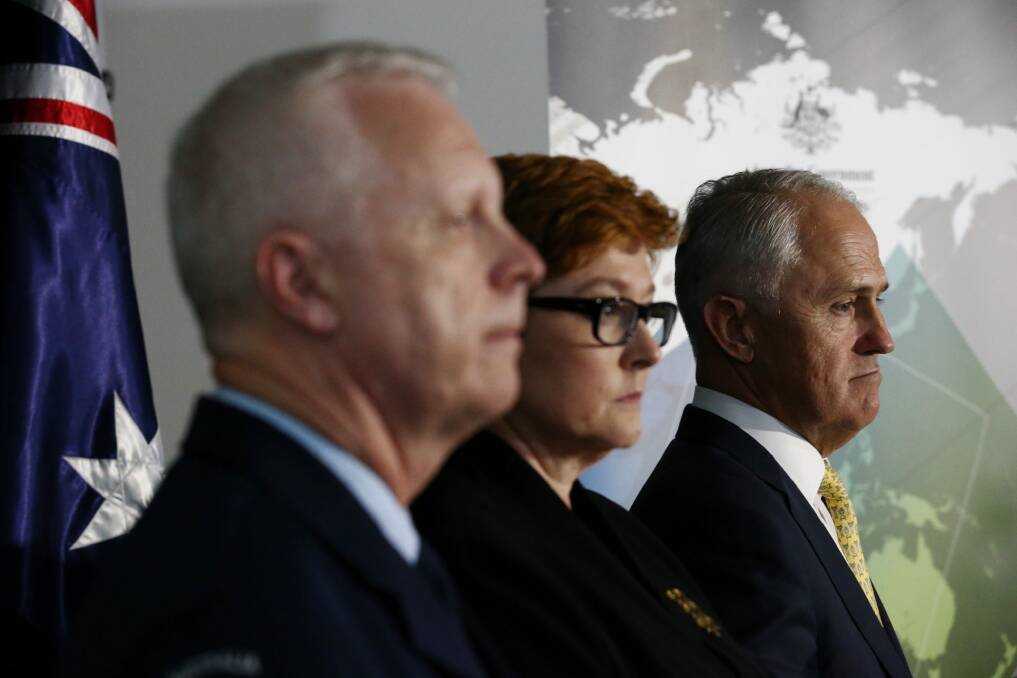 Prime Minister Malcolm Turnbull launches the 2016 Defence white paper at ADFA in Canberra with Chief of Defence Force Mark Binskin and Defence Minister Marise Payne. Photo: Andrew Meares