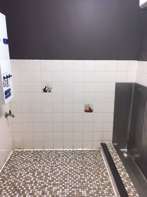 A photograph supplied by ACT Labor politician Bec Cody of the  men's urinal at the Sussex Inlet RSL, with tiles depicting Aboriginal men. Photo: Supplied