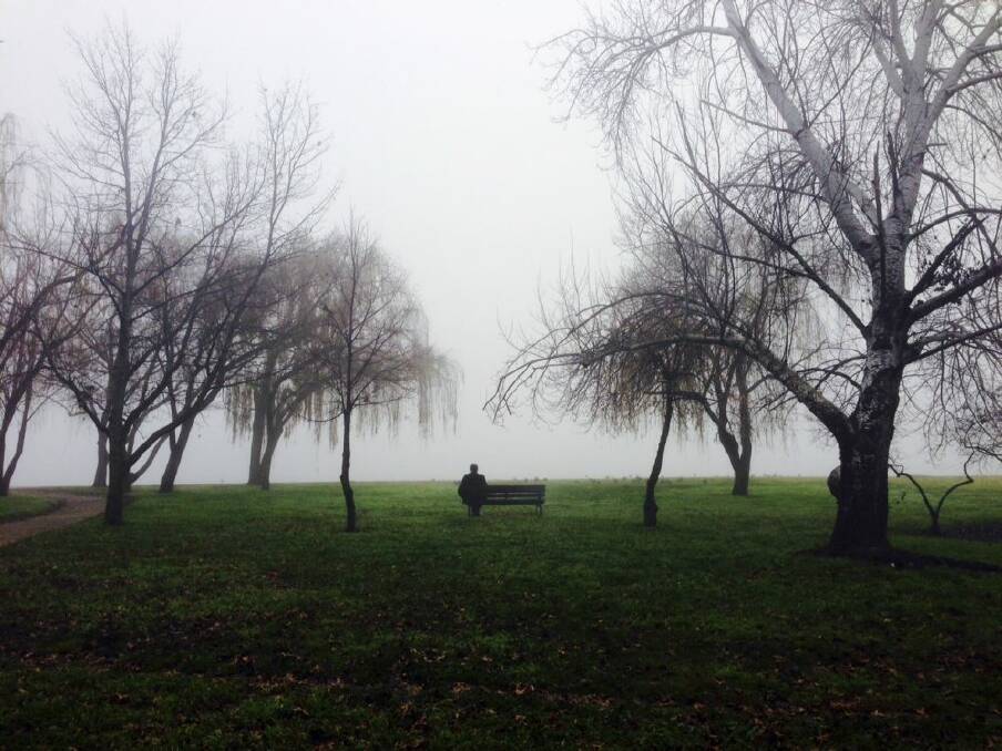 Drew Sheldrick's entry depicting an early morning scene of a man watching the fog on Lake Burley Griffin from Bowen Park.