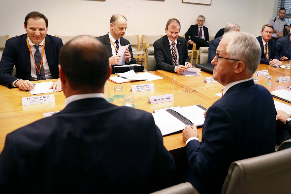 Malcolm Turnbull and Josh Frydenberg meeting gas industry chief executives  for crisis talks in March. Photo: Alex Ellinghausen