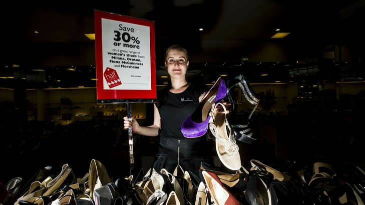 David Jones' Liz Tatham shows off some of the shoes that will be on sale on Wednesday. Photo: Rohan Thomson