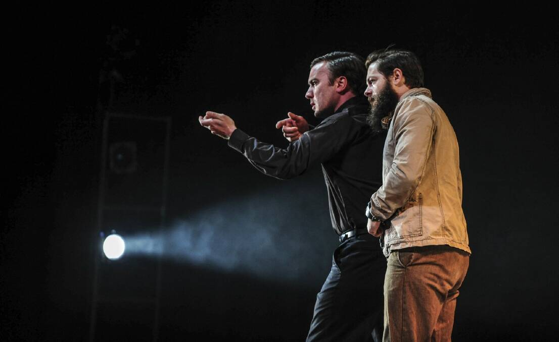 Kevin Spink as Dan Kelly and Steven Rooke as Ned Kelly in a scene from Kelly at the Canberra Theatre Centre. Photo: Karleen Minney