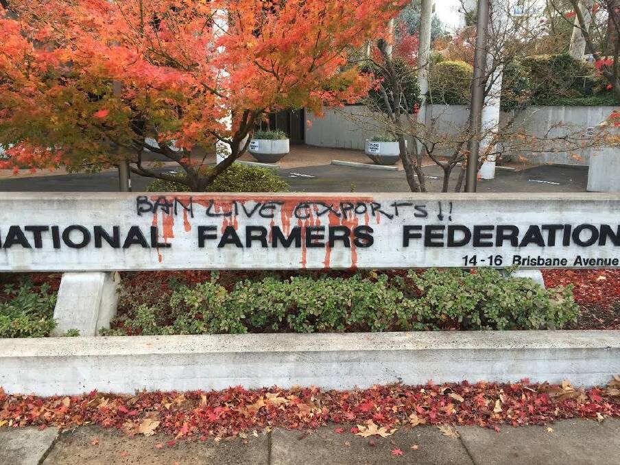 Graffiti at the National Farmers Federation's Barton office on Friday. Photo: National Farmers Federation