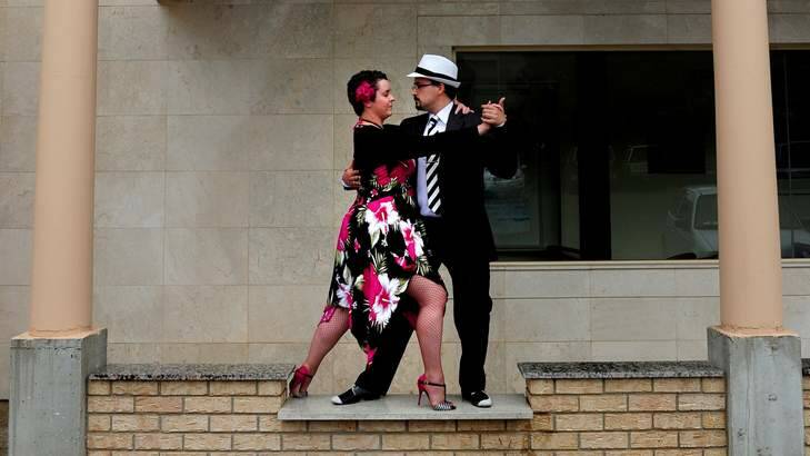 Christian Riley and Serkan Alasya practise their tango moves at the Italian Cultural Centre, Forrest. Photo: Melissa Adams