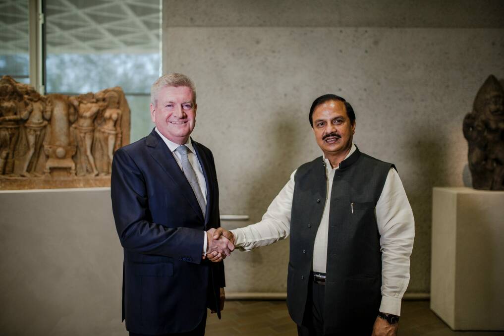 The National Gallery of Australia is returning two sculptures to the government of India following the discovery of new evidence about their provence and removal from India. from left, Minister for Arts Mitch Fifield, and the Honourable Dr Mahesh Sharma. Photo: Jamila Toderas