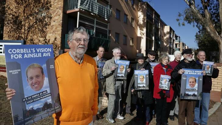 Concerned local citizens protesting the proposed heights for the redevelopment of the Allawah, Bega and Currong flats in Braddon and Reid last year. Photo: Jeffrey Chan