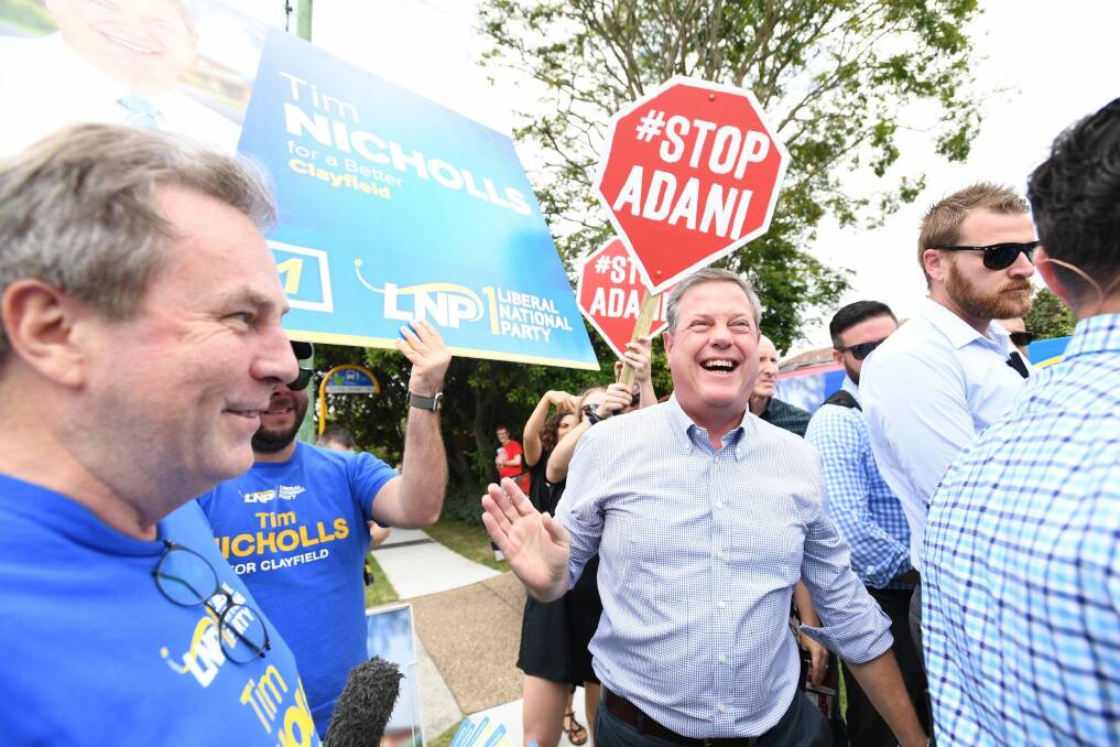 Anti-Adani coal mine protesters dogged Queensland Opposition Leader Tim Nicholls throughout the election campaign. Photo: Tracey Nearmy