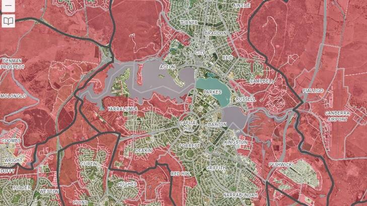 The Interactive ESA map reveals only centralised, clustered suburbs escape the 'bush fire prone' label. Photo: Map screenshot