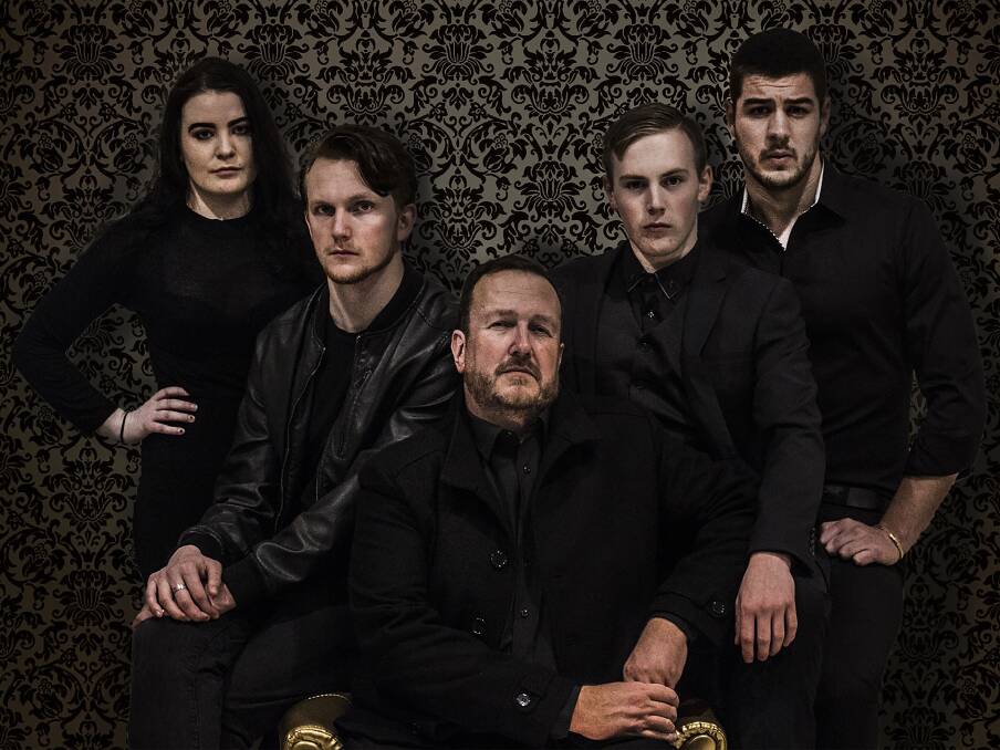 <i>The Judas Kiss</i>: from left, Meaghan Stewart as Phoebe Cane, Patrick Galen-Mules as Robert Ross, Chris Baldock as Oscar Wilde, Liam Jackson as Lord Alfred \\\'Bosie\\\' Douglas, and Cole Hilder as Arthur Wellesley.
 Photo: Brenton Cleaves