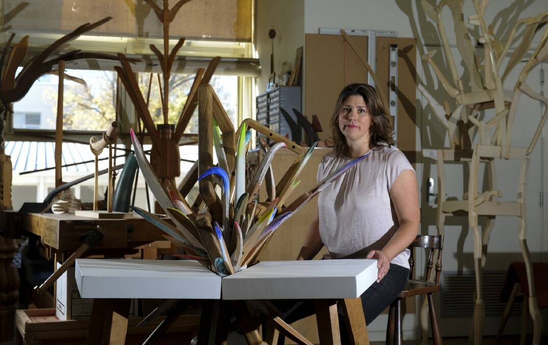 Ashley Eriksmoen with some of her pieces in her workshop. 
 Photo: Graham Tidy
