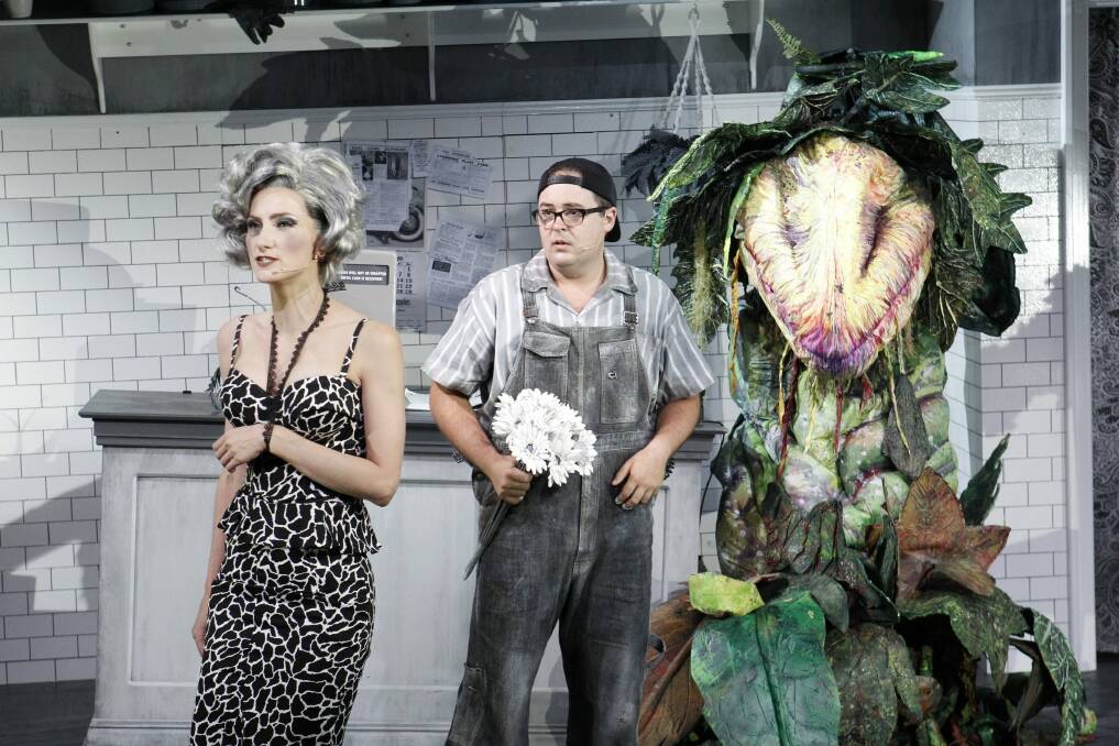 Audrey II and Esther Hannaford and Brent Hill, who express the human yearnings of Seymour and Audrey so well. Photo: Jeff Busby