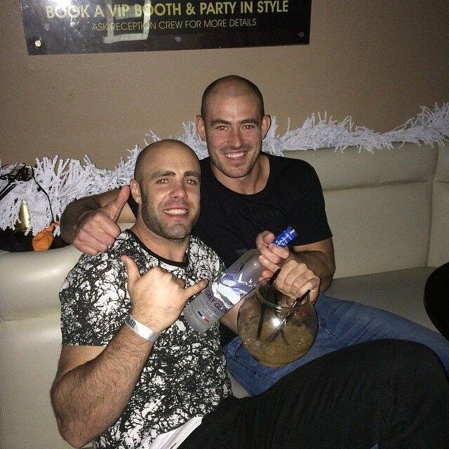 Former Canberra Raiders reunite, Adrian Purtell, left, and Terry Campese, right, celebrating New Year's Eve in England.
