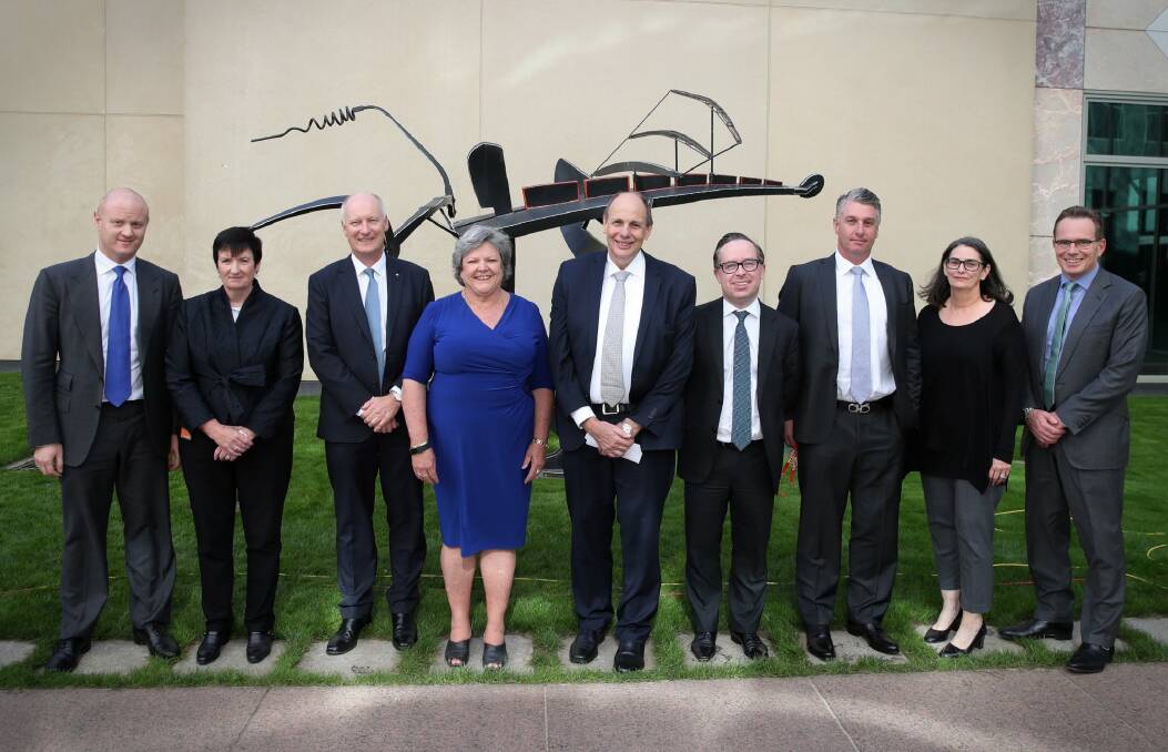 The Business Council of Australia, from left: Ian Narev, Jennifer Westacott, Richard Goyder, Joanne Farrell (not on board), Grant King, Alan Joyce, Brent Eastwood (not on board), Catherine Tanna and Andrew Mackenzie at Parliament House. Photo: Andrew Meares