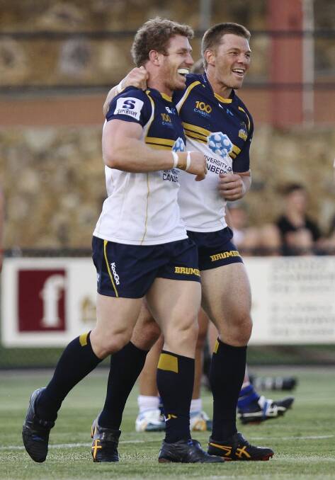 David Pocock, left, with Clyde Rathbone during their time at the Brumbies.  Photo: Getty Images