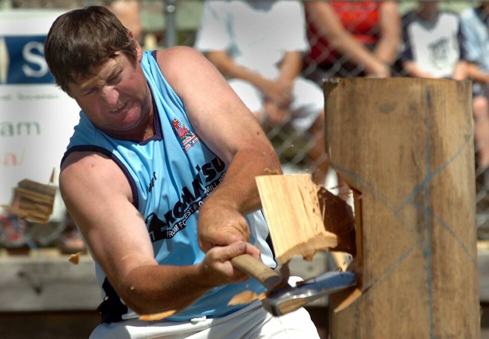 A competitor in the woodchopping competition at the Royal Canberra Show in 2016. Photo: Graham Tidy